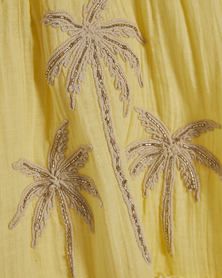 Yellow Halter Neck Palm Print Mini Dress