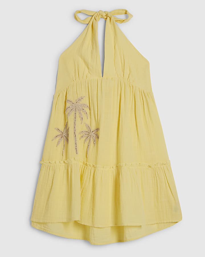 Yellow Halter Neck Palm Print Mini Dress