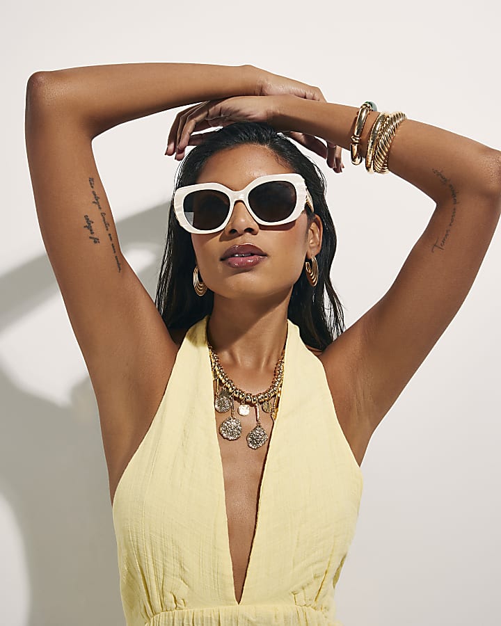 Yellow Halter Neck Palm Print Mini Dress