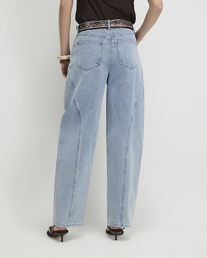 Blue Scarf Detail Seamed Barrel Leg Jeans