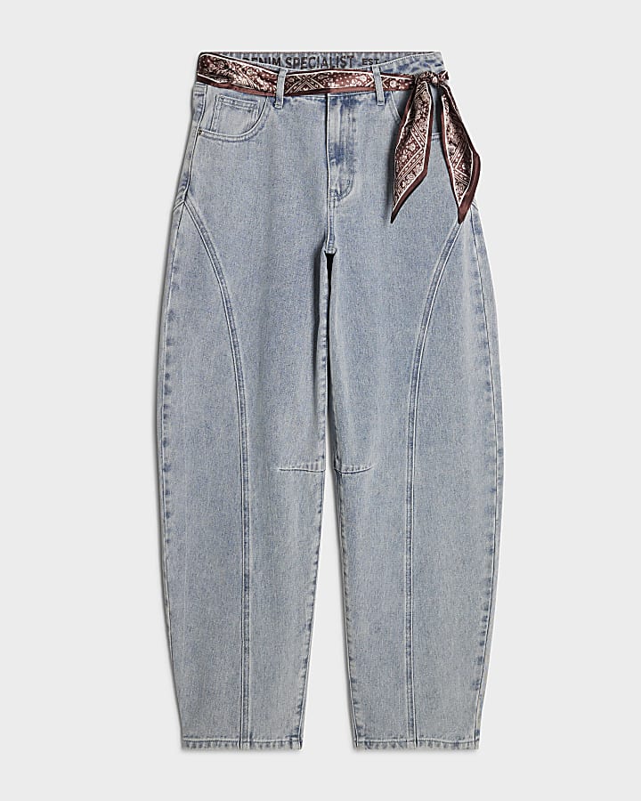 Blue Scarf Detail Seamed Barrel Leg Jeans