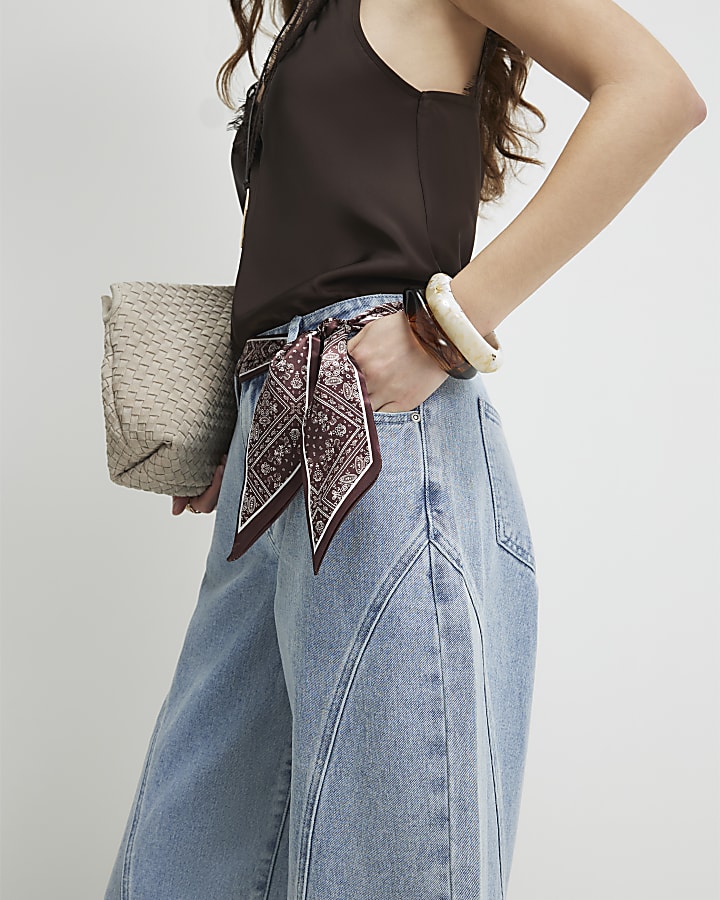 Blue Scarf Detail Seamed Barrel Leg Jeans