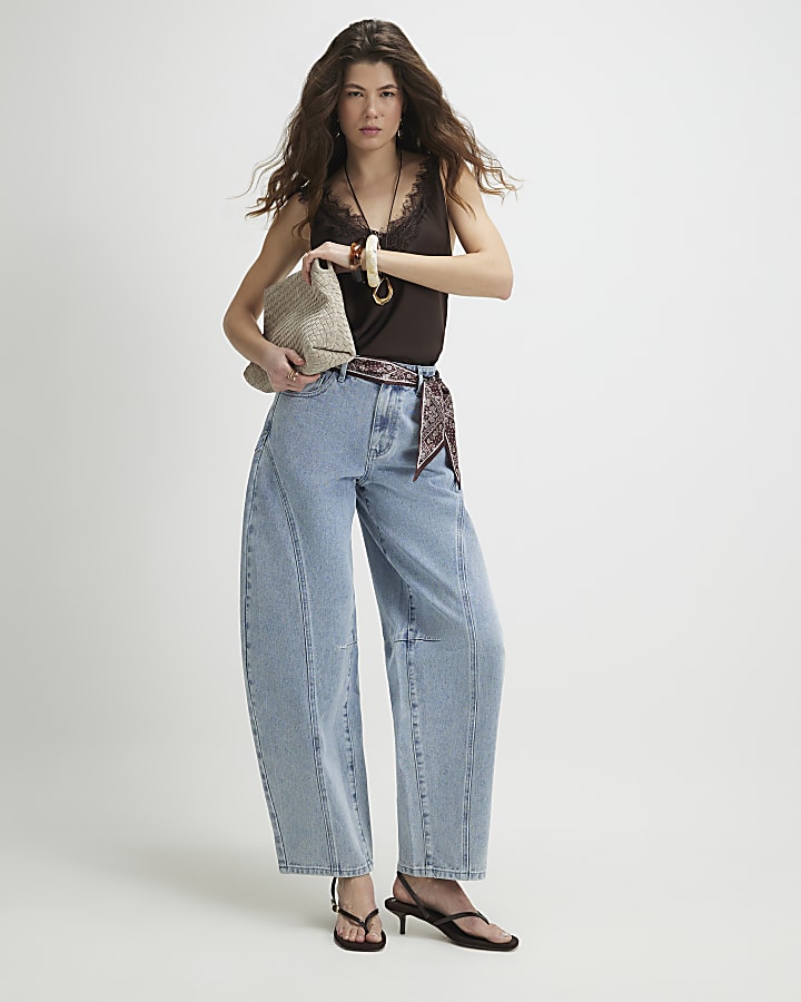 Blue Scarf Detail Seamed Barrel Leg Jeans