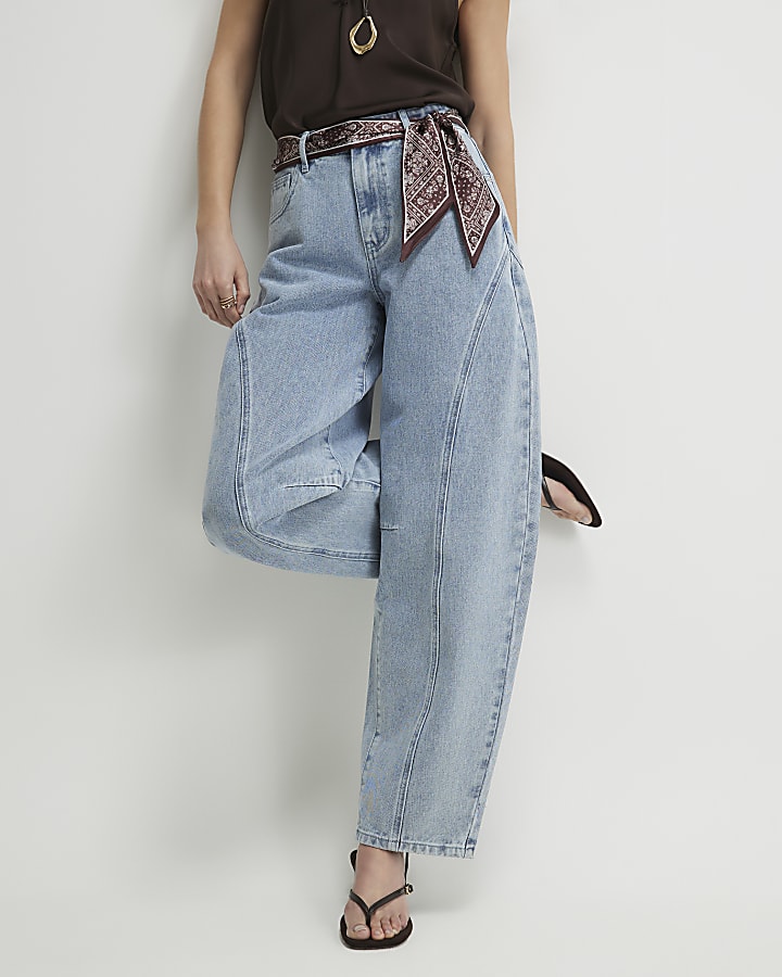 Blue Scarf Detail Seamed Barrel Leg Jeans