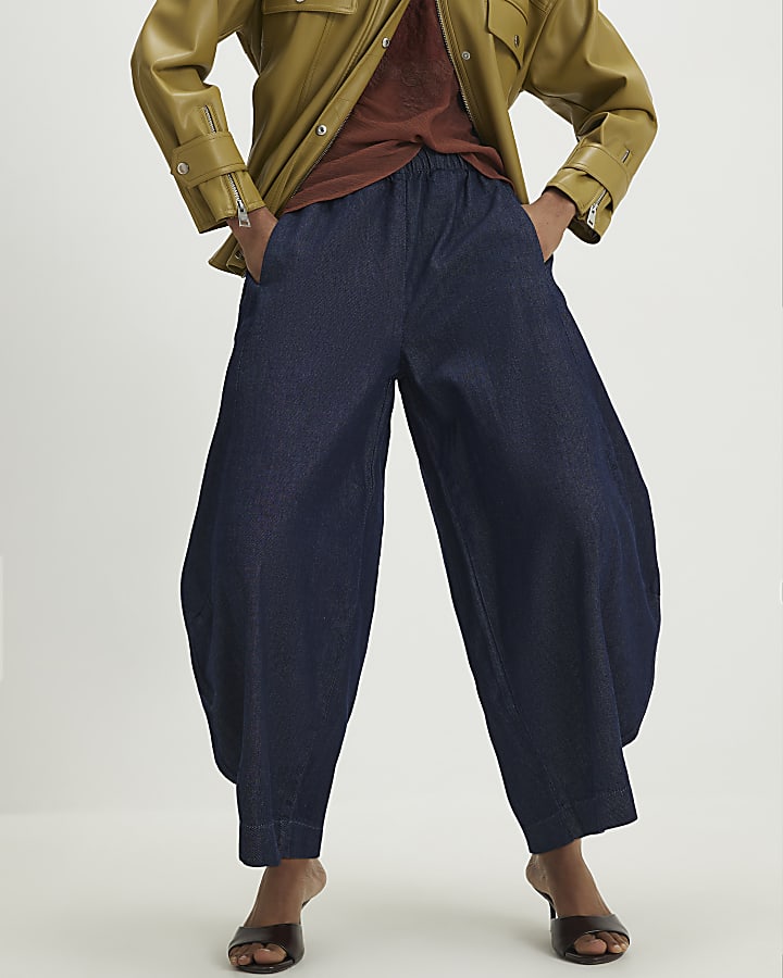Blue Elasticated Horseshoe Barrel Leg Jeans