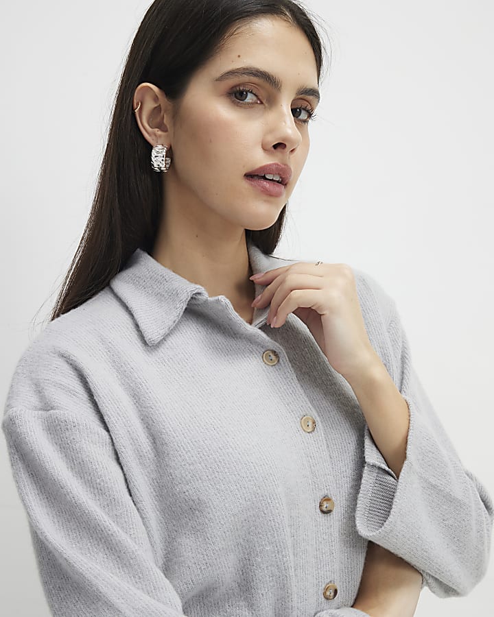 Grey Long Sleeve Cosy Bubble Hem Cardigan