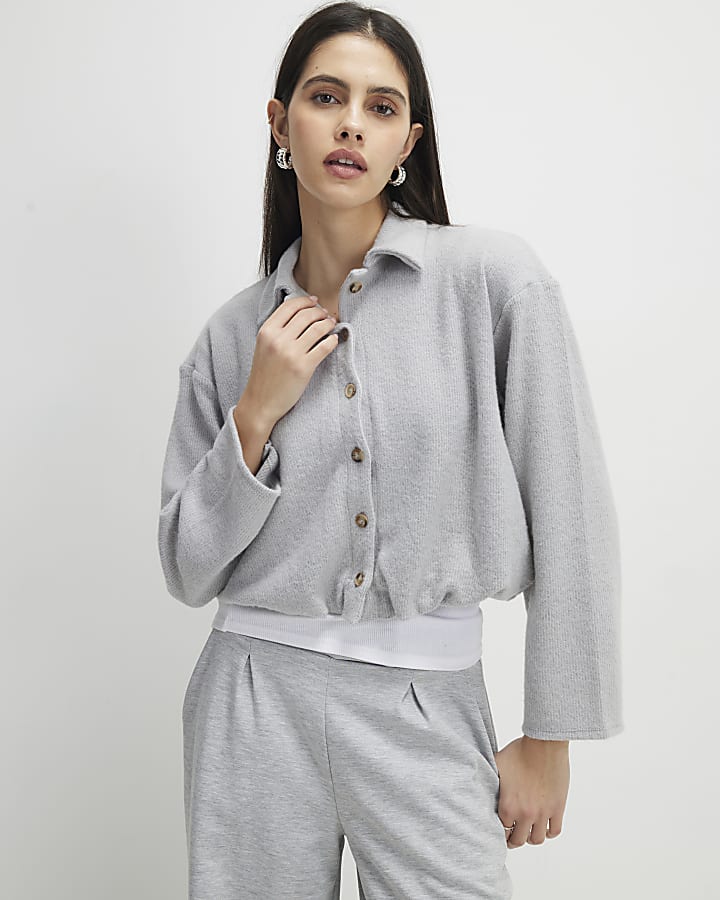 Grey Long Sleeve Cosy Bubble Hem Cardigan