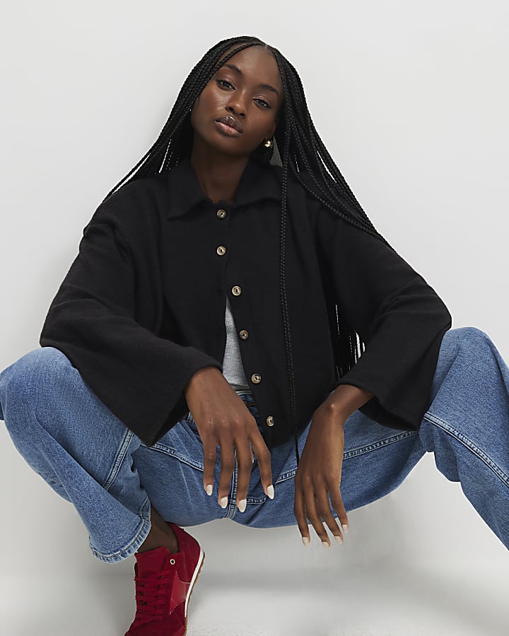 Black Long Sleeve Cosy Bubble Hem Cardigan