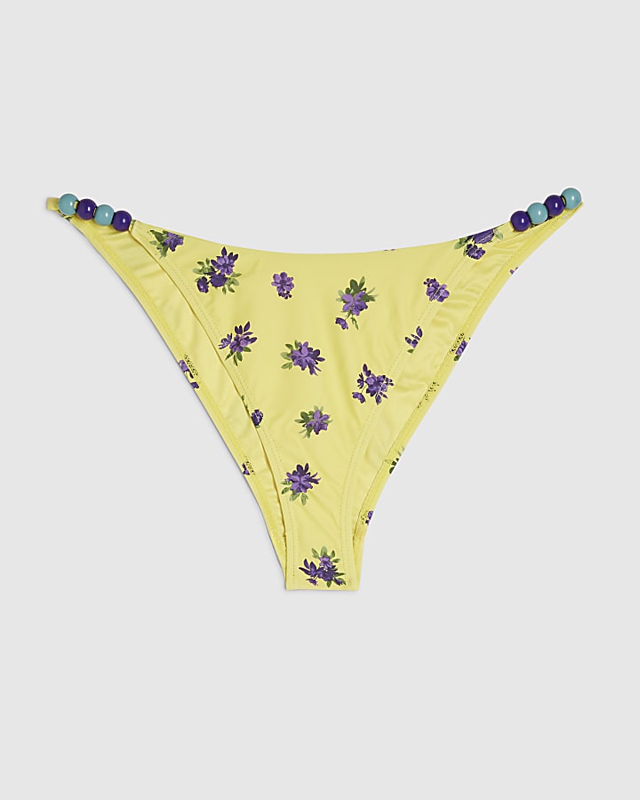Yellow Floral Beaded Low Rise Bikini Bottoms
