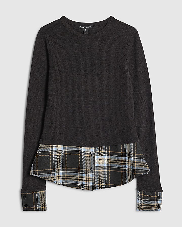 Black Cosy Check Hem Top
