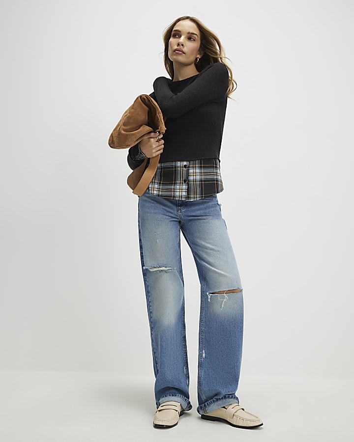 Black Cosy Check Hem Top