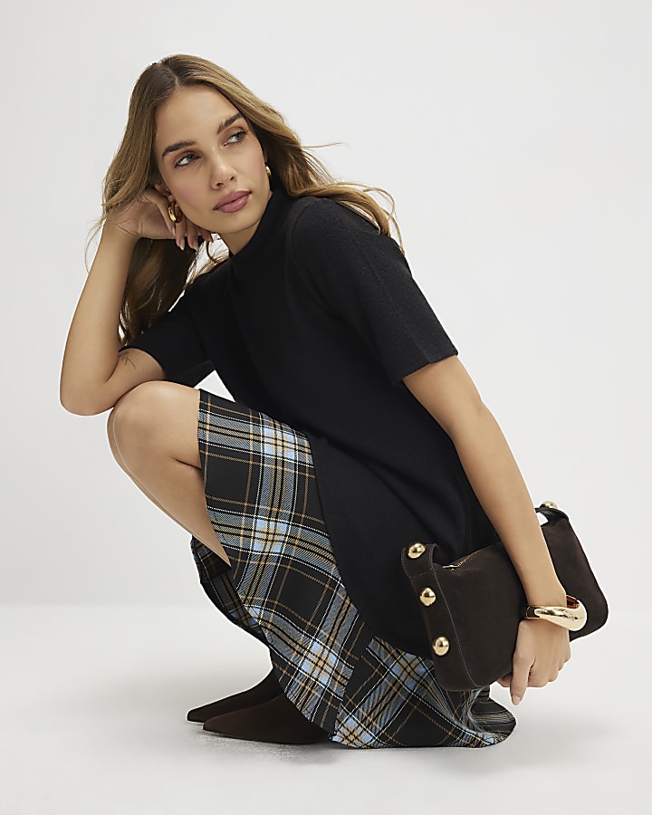Black Cosy Check Hem Mini Dress