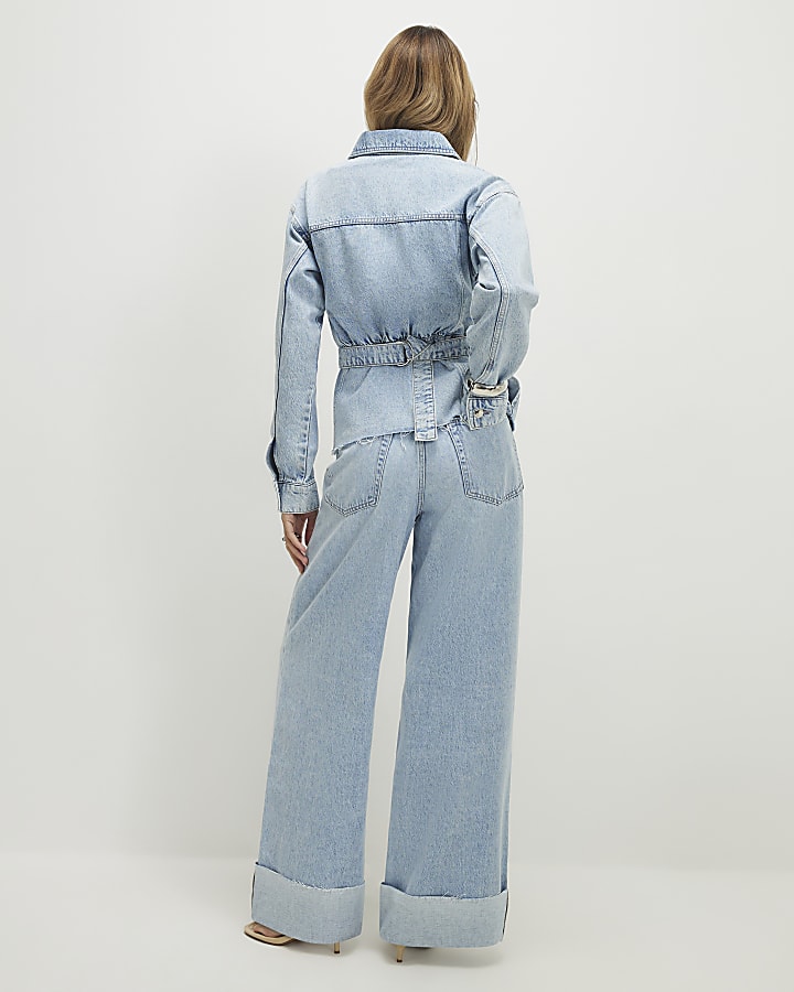 Blue Turn Up Hem Wide Leg Jeans