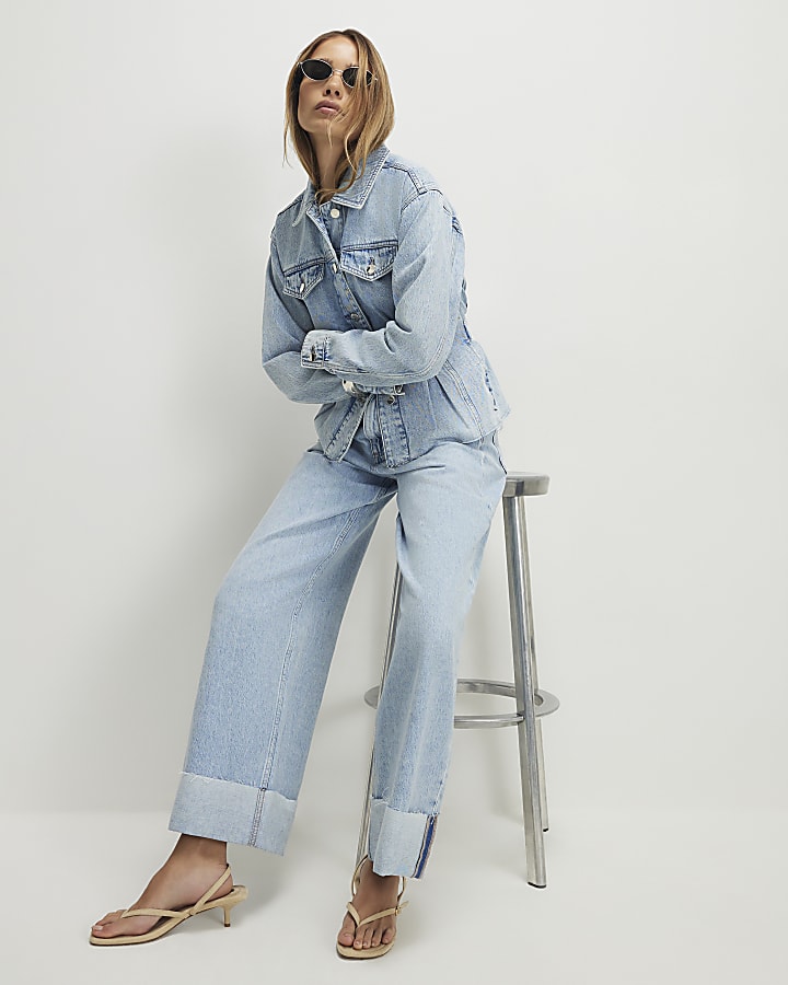 Blue Turn Up Hem Wide Leg Jeans