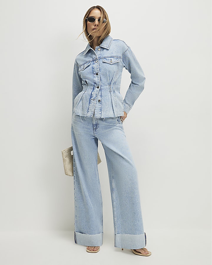 Blue Turn Up Hem Wide Leg Jeans