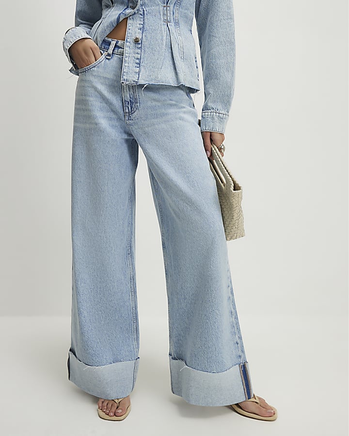 Blue Turn Up Hem Wide Leg Jeans