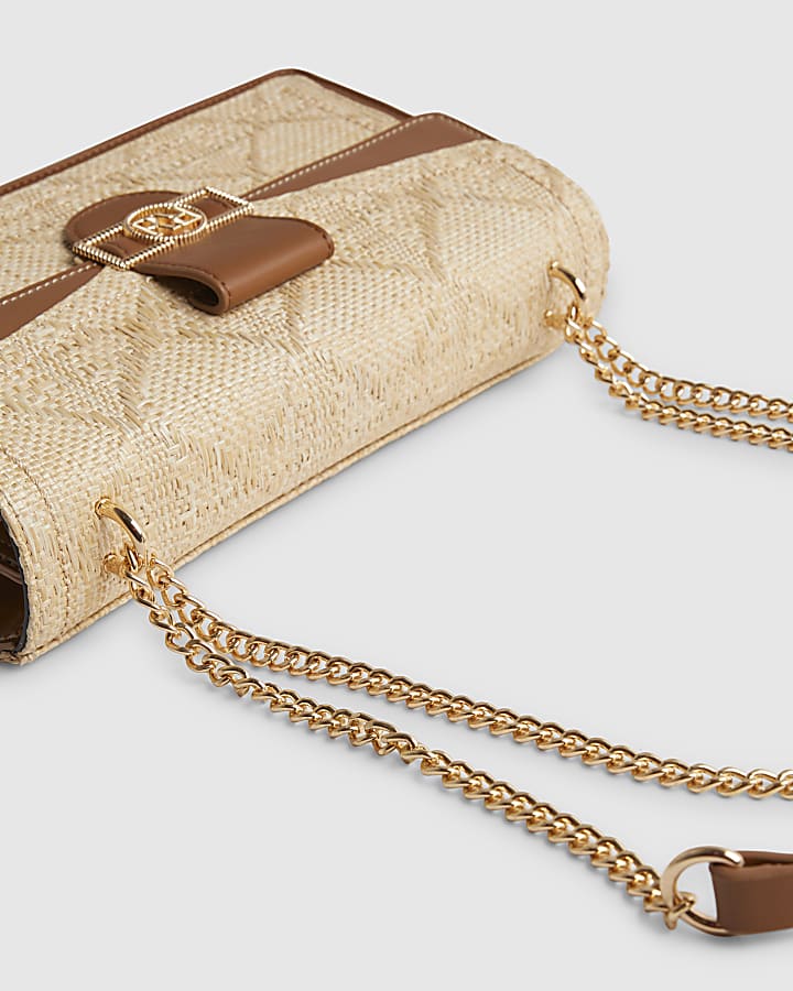 Beige RR Paneled Raffia Shoulder Bag