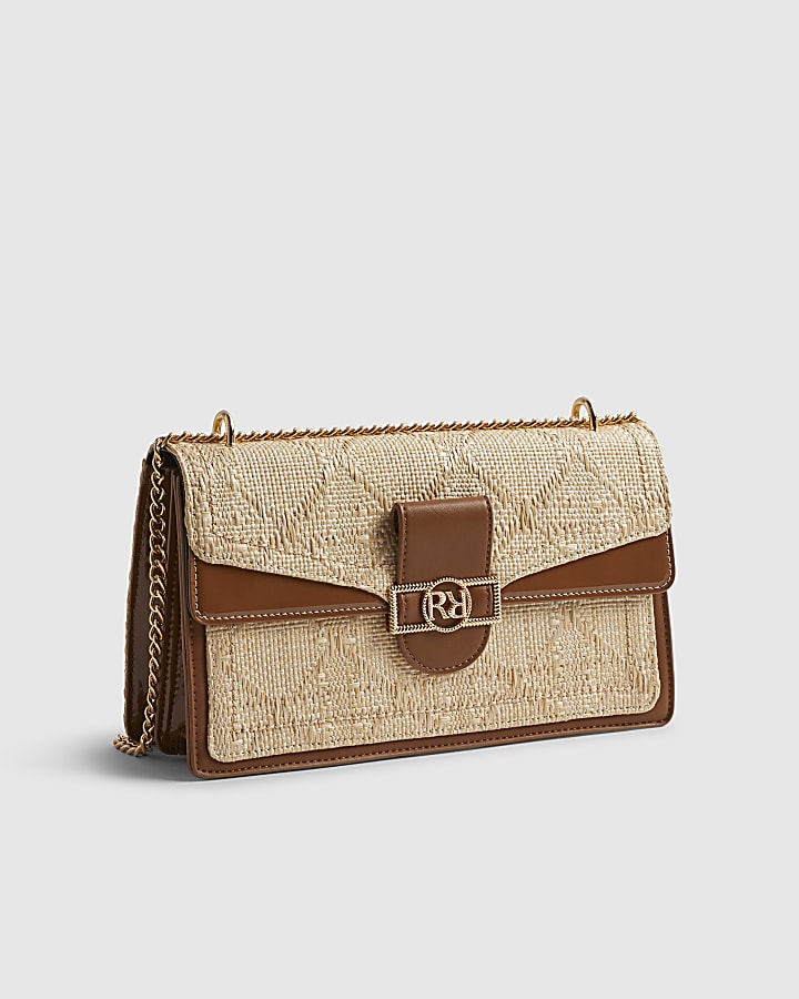 Beige RR Paneled Raffia Shoulder Bag