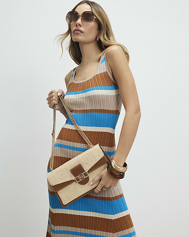 Beige RR Paneled Raffia Shoulder Bag