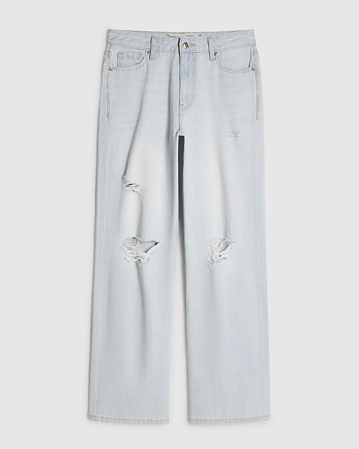 Blue relaxed straight ripped jeans