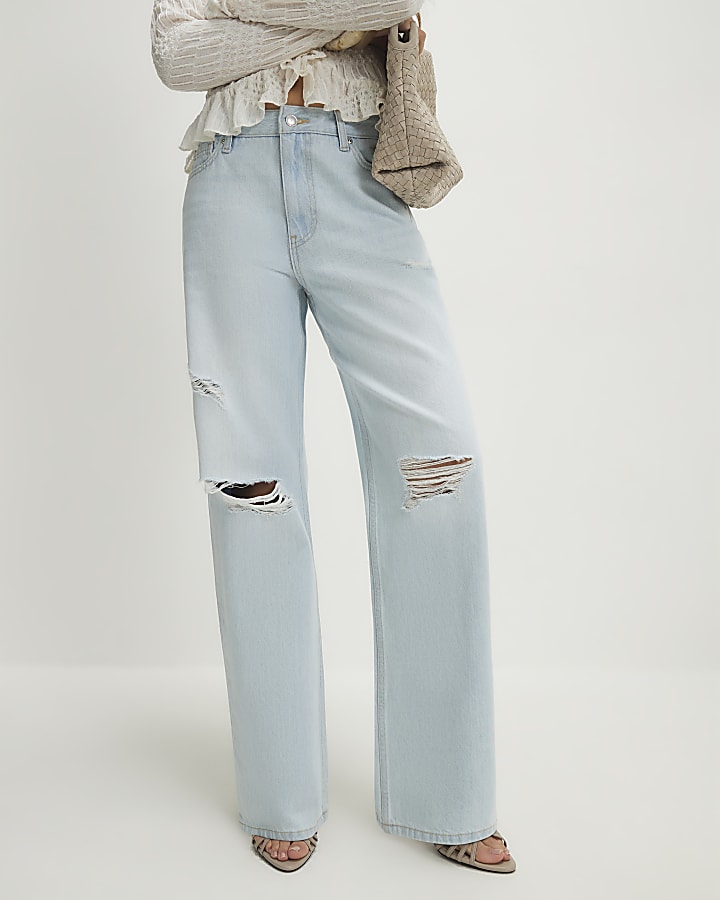 Blue relaxed straight ripped jeans