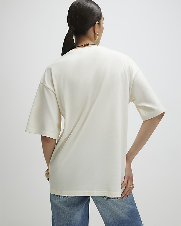 Cream Short Sleeve Palm Broderie T-shirt