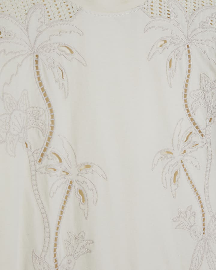 Cream Short Sleeve Palm Broderie T-shirt