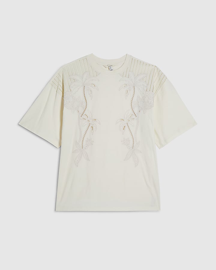 Cream Short Sleeve Palm Broderie T-shirt