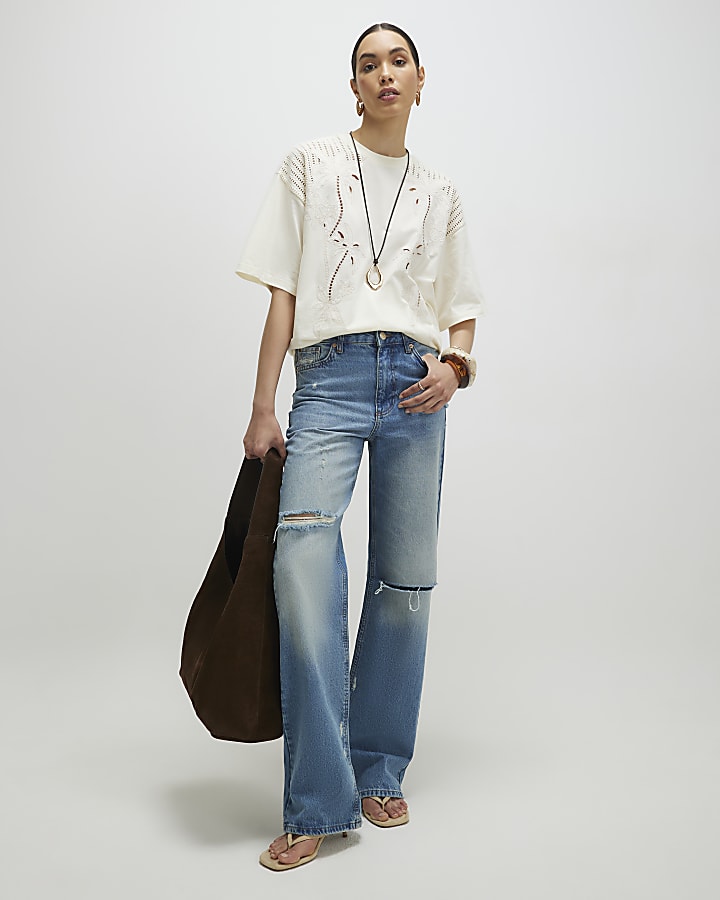 Cream Short Sleeve Palm Broderie T-shirt