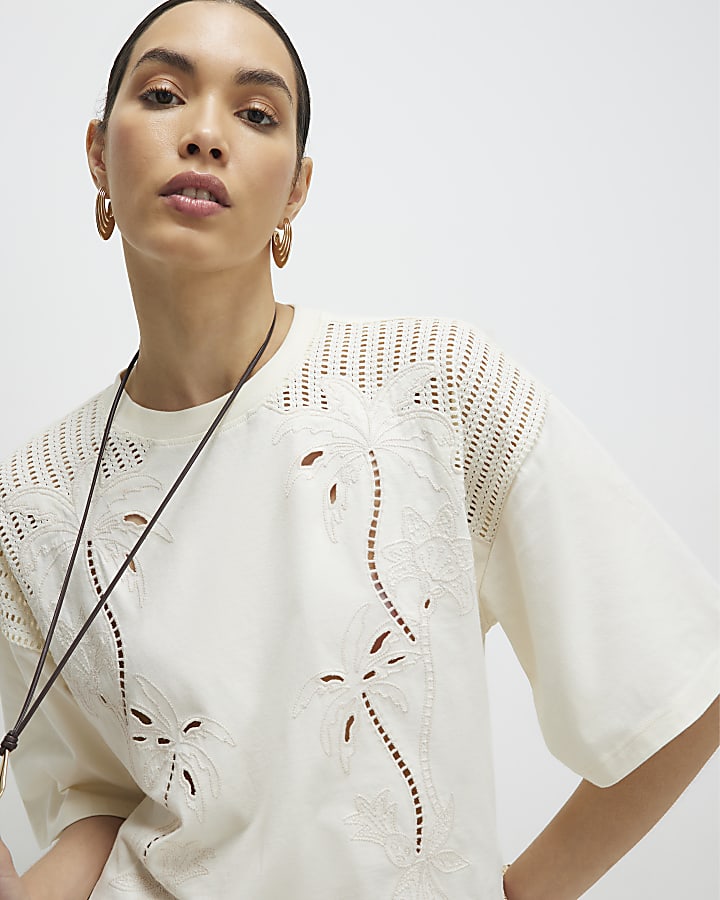 Cream Short Sleeve Palm Broderie T-shirt