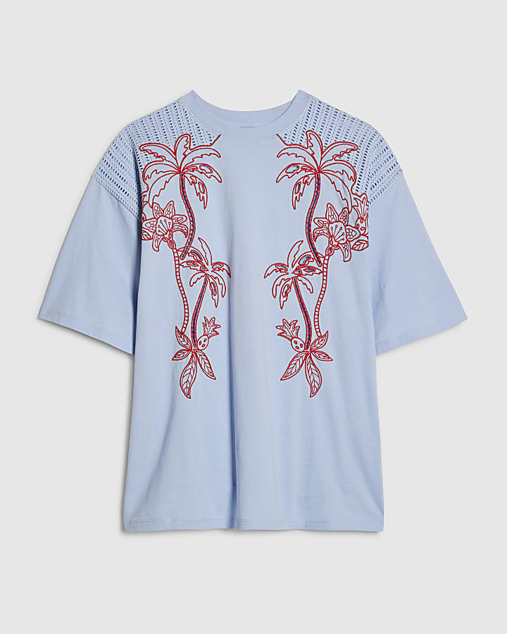 Blue Palm Cutwork Boyfriend T-Shirt