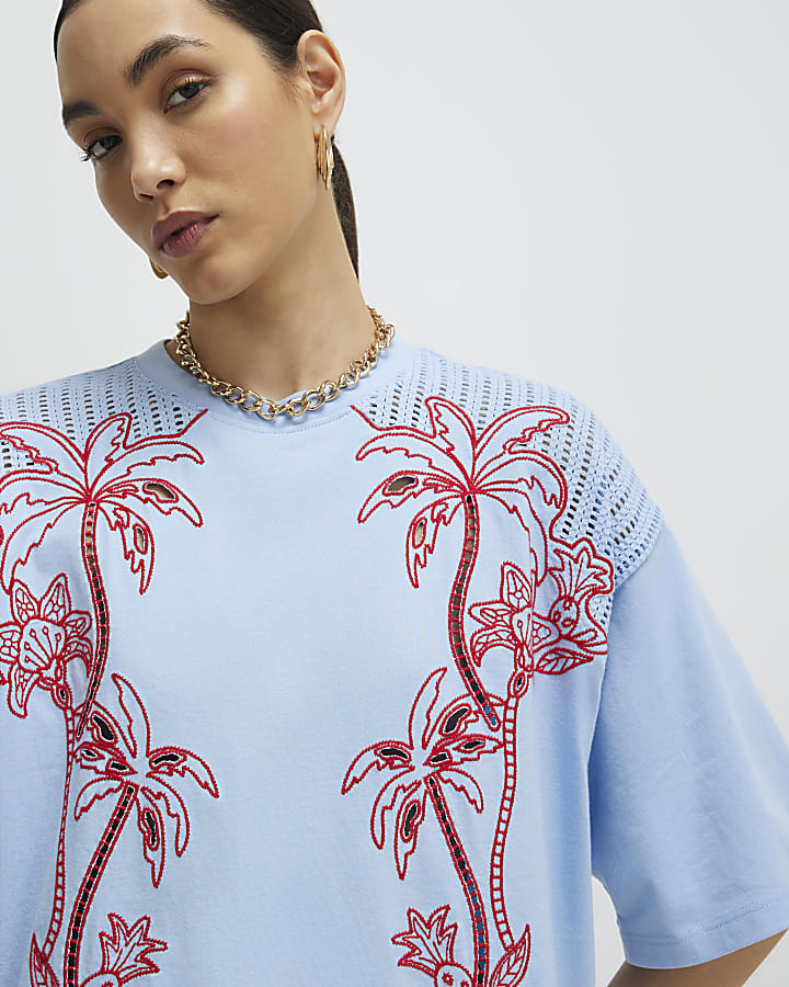 Blue Palm Cutwork Boyfriend T-Shirt