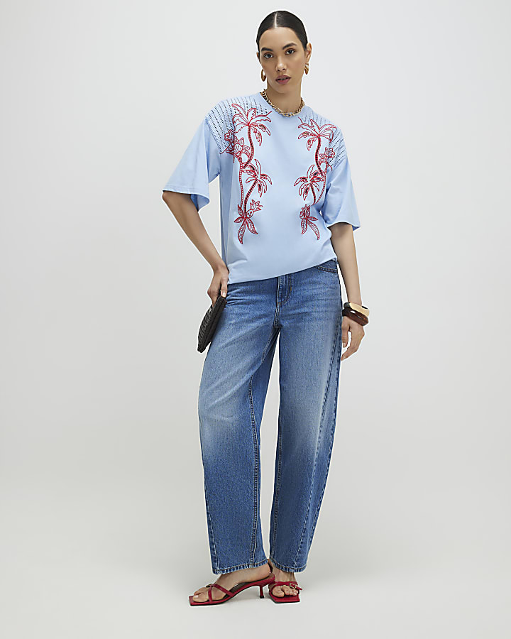 Blue Palm Cutwork Boyfriend T-Shirt