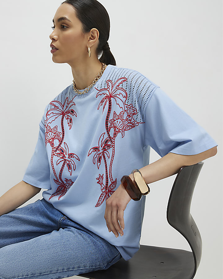 Blue Palm Cutwork Boyfriend T-Shirt