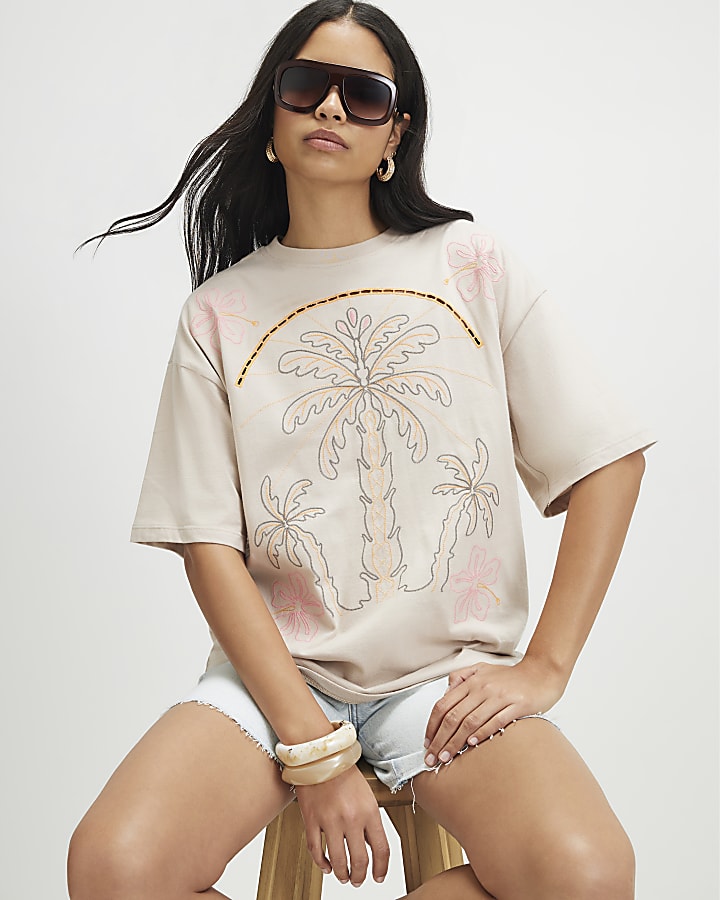 Cream Neon Palm Cutwork T-Shirt