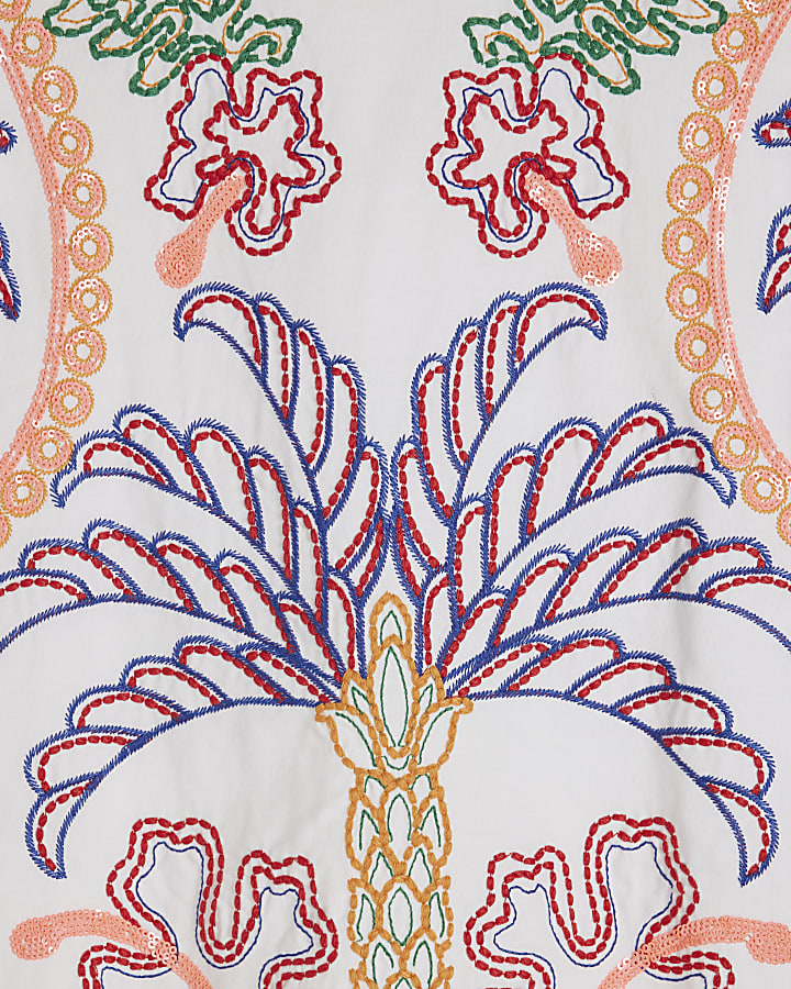 Cream Cotton Tropical Embroidered T-shirt