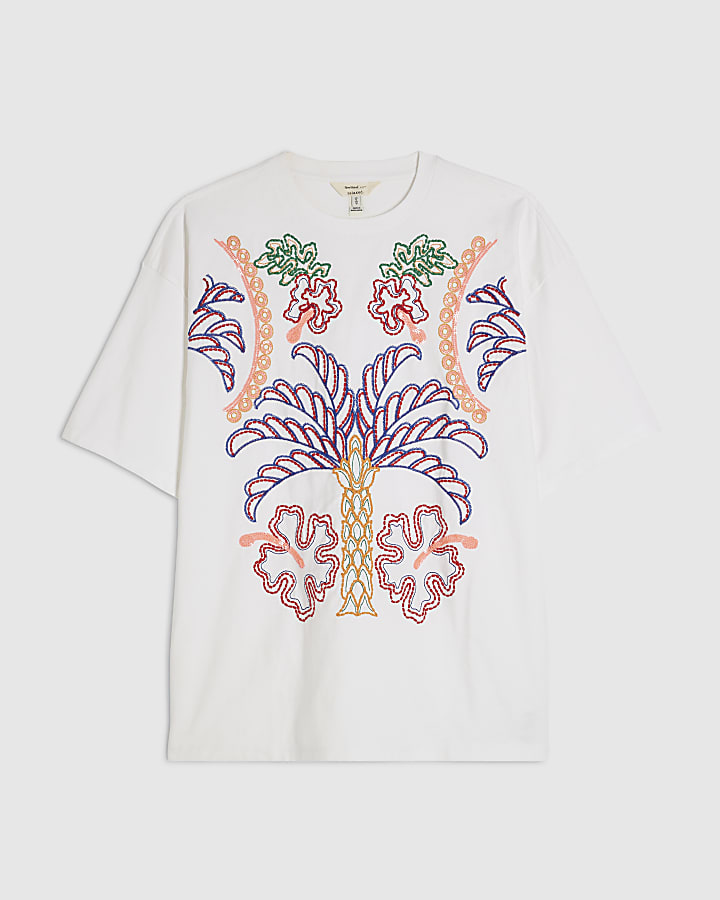 Cream Cotton Tropical Embroidered T-shirt