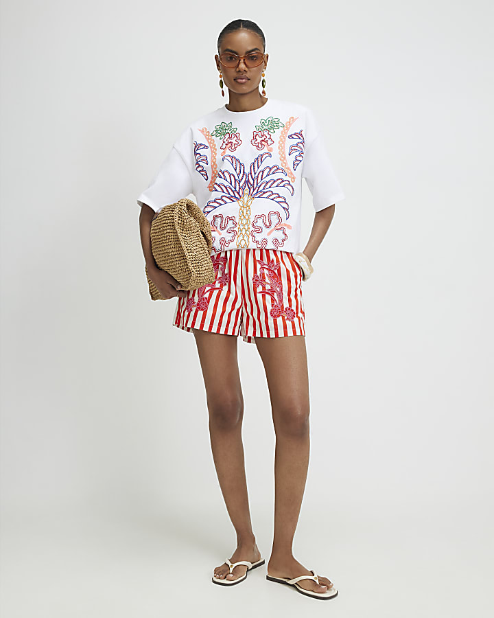 Cream Tropical Embroidered T-shirt