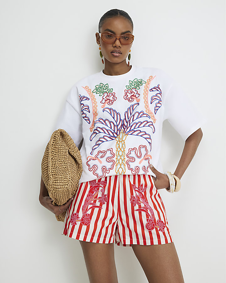 Cream Tropical Embroidered T-shirt