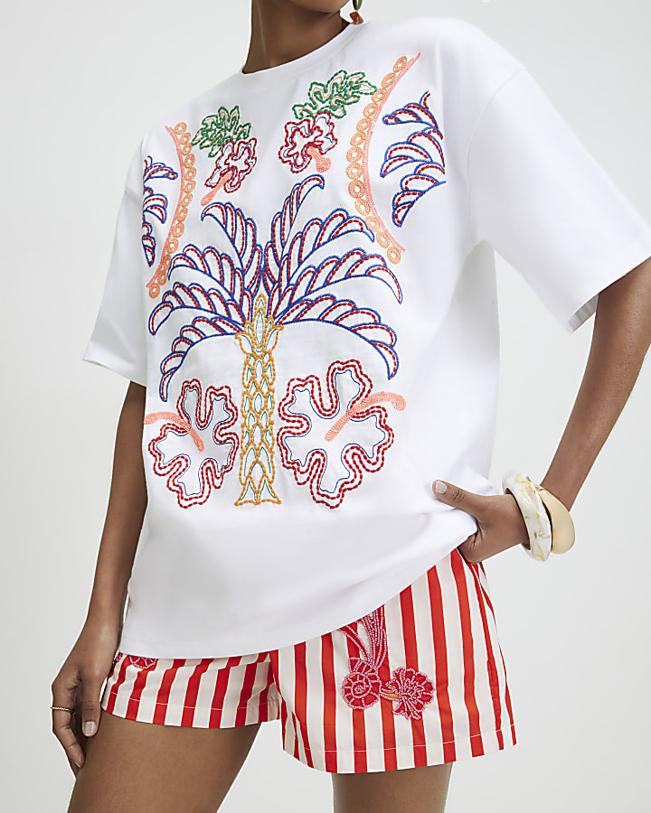 Cream Tropical Embroidered T-shirt