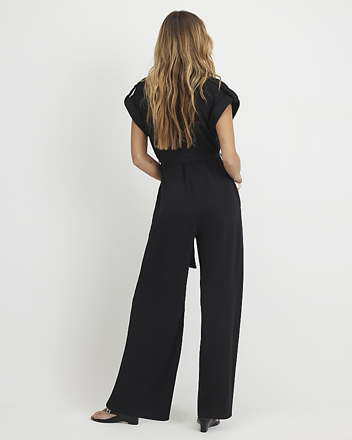 Black Twill Zip Front Jumpsuit