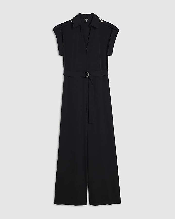 Black Twill Zip Front Jumpsuit
