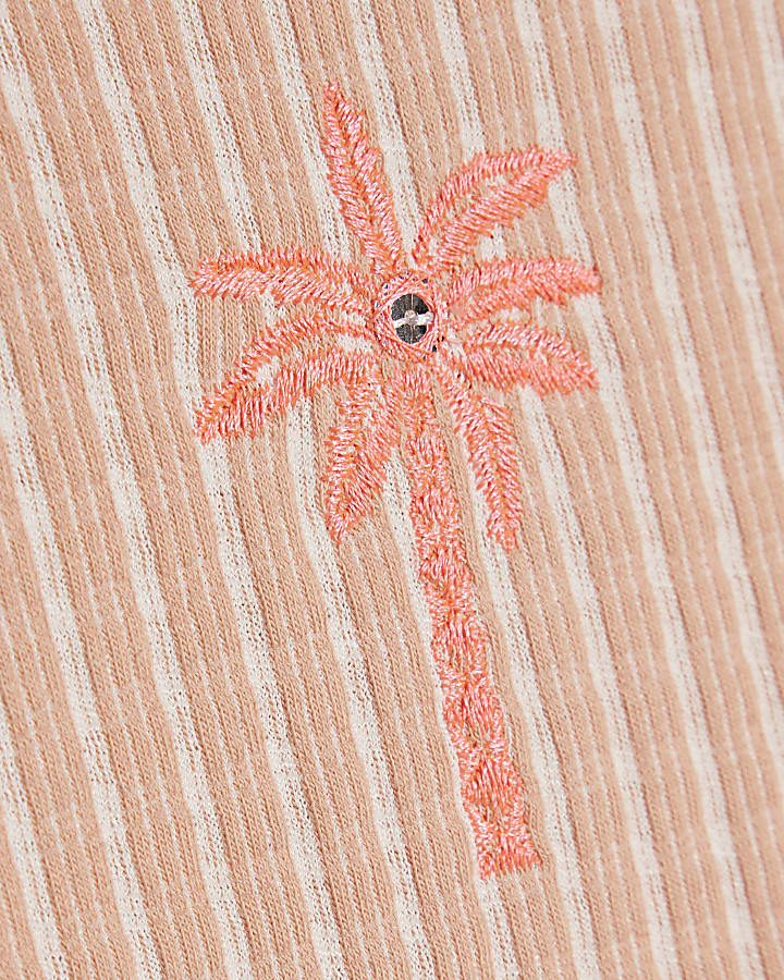 Pink Cotton Blend Stripe Palm Tree  Tank Top