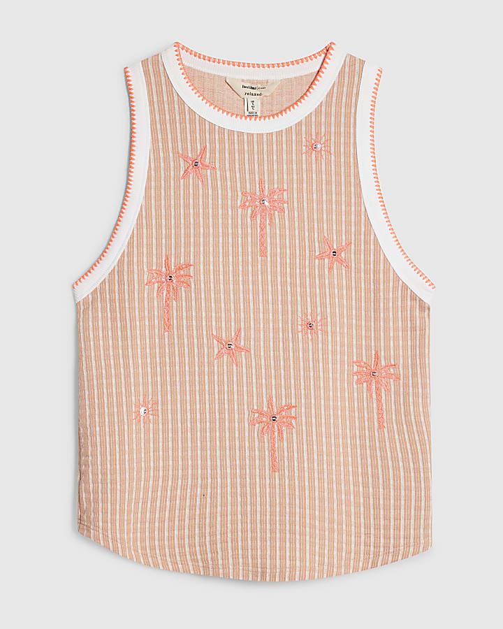 Pink Cotton Blend Stripe Palm Tree  Tank Top