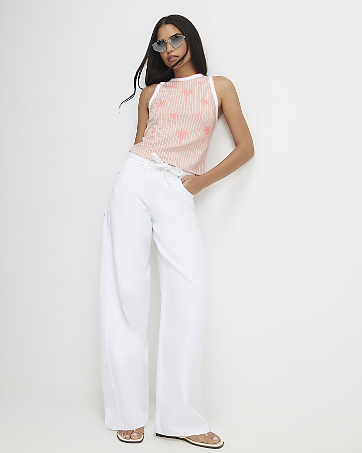 Pink Stripe Palm Tree Embroidered Tank