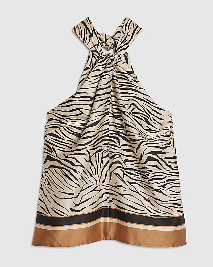 Cream Satin Zebra Print Halter Neck Top