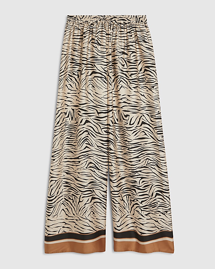 Cream Satin Zebra Print Wide Leg Trousers