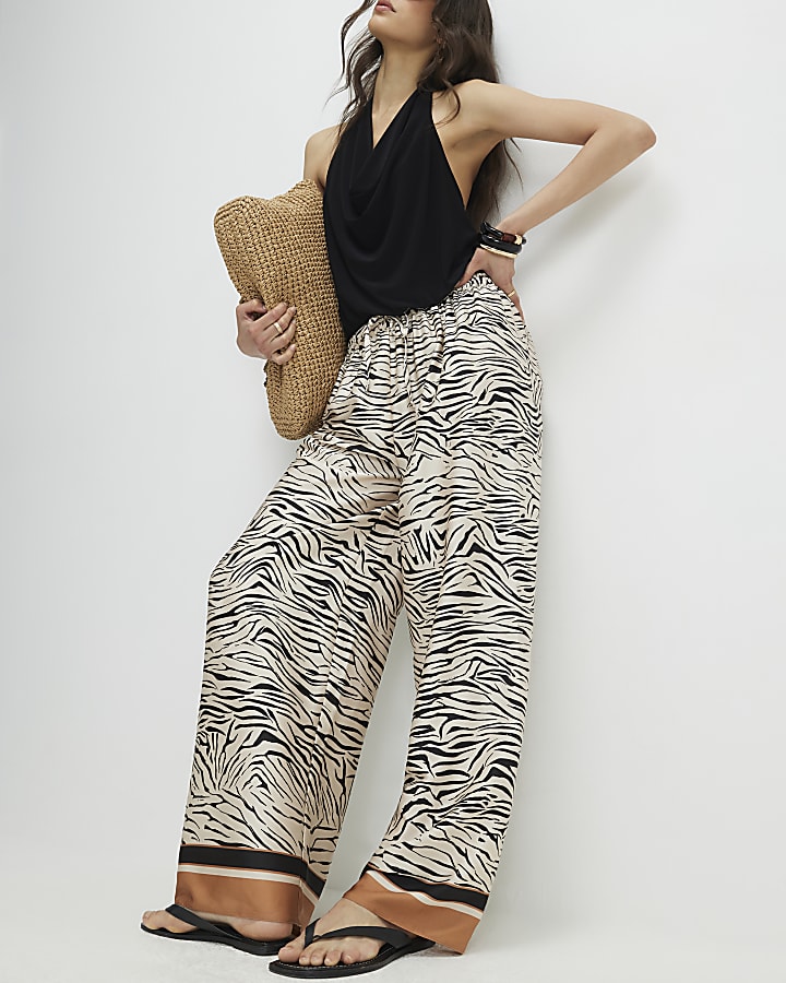 Cream Satin Zebra Print Wide Leg Trousers