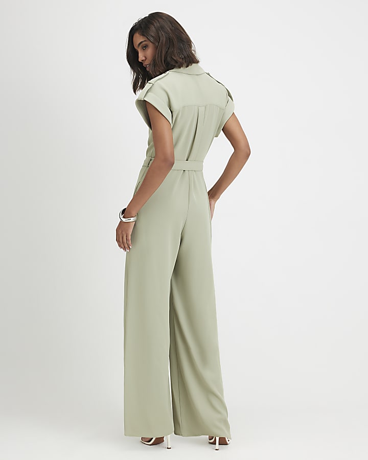 Khaki Twill Zip Front Jumpsuit