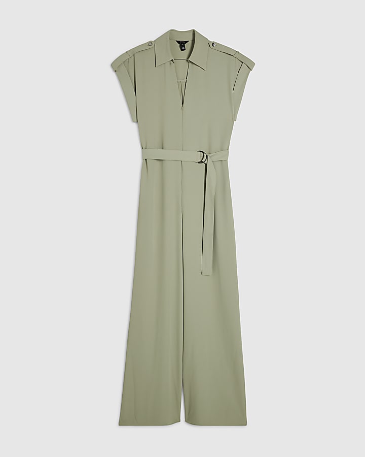 Khaki Twill Zip Front Jumpsuit